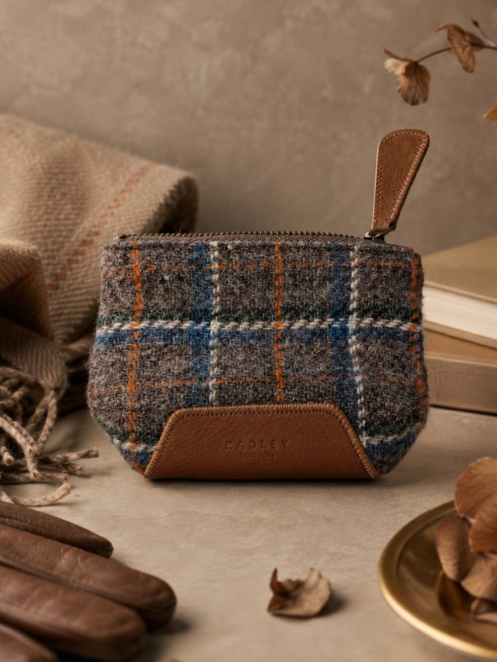 Radley London English Heritage Tartan Plaid Tweed & Leather Zip Coin Purse